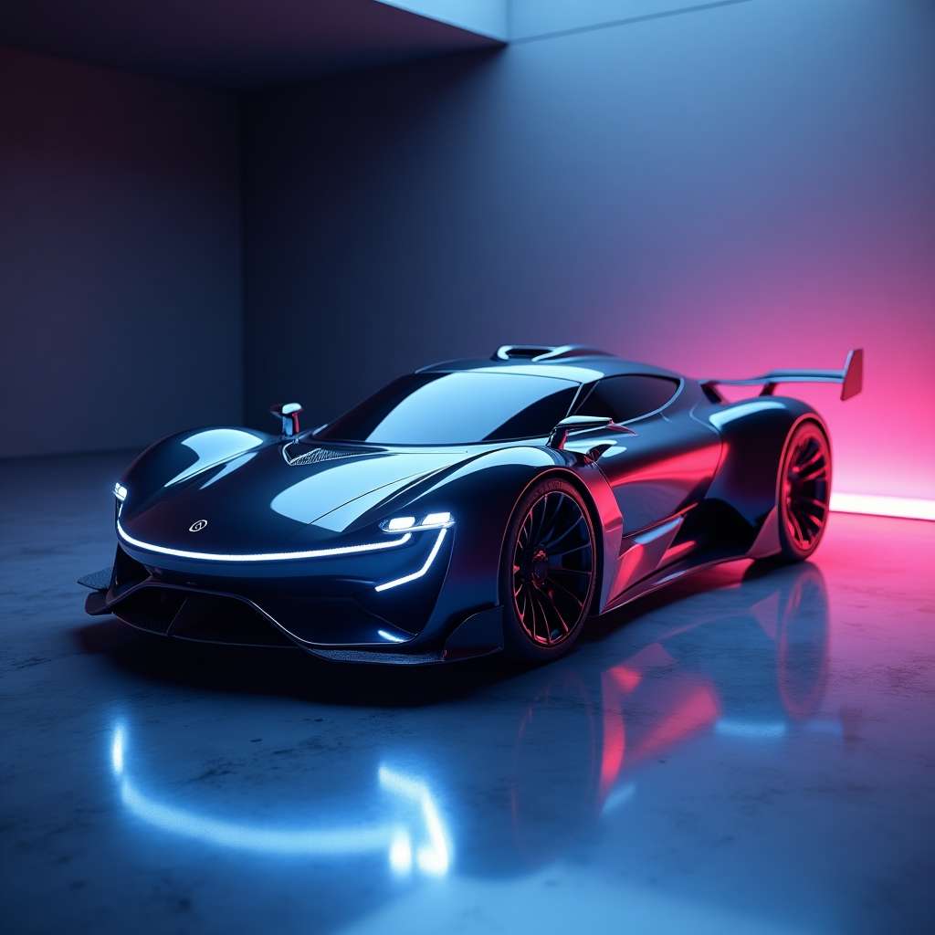 Futuristic sports car with neon lighting